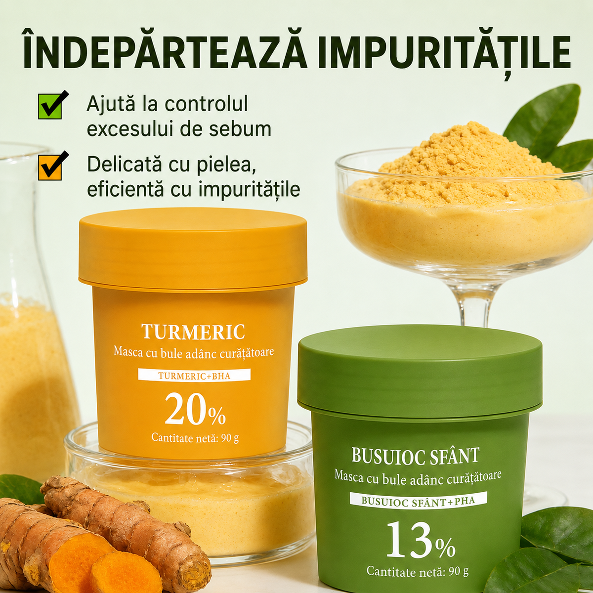 Mască Spumantă de Curățare cu Turmeric și Mască cu Busuioc Sfânt